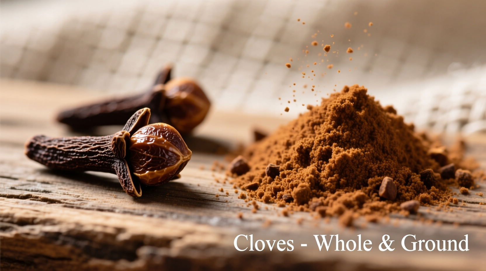 Close-up of whole cloves and ground cloves