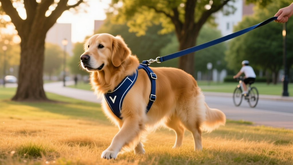 Golden retriever wearing a Y-shaped front-clip no-pull harness walking calmly on a 6-foot flat nylon leash in a park