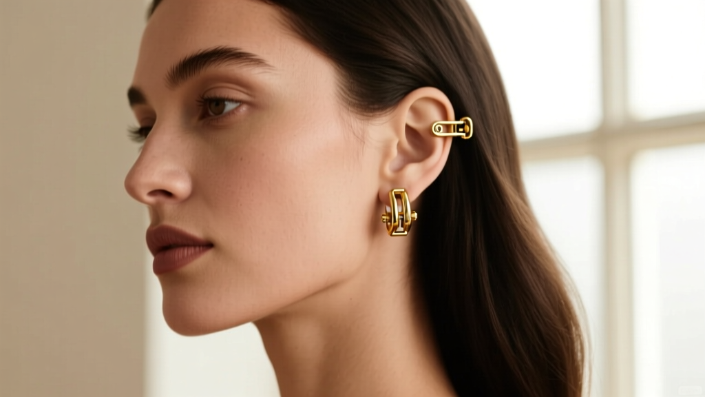 Woman wearing vintage clip-ons converted to screw-backs, showcasing the custom 18k gold tension hinge on her bare earlobe.