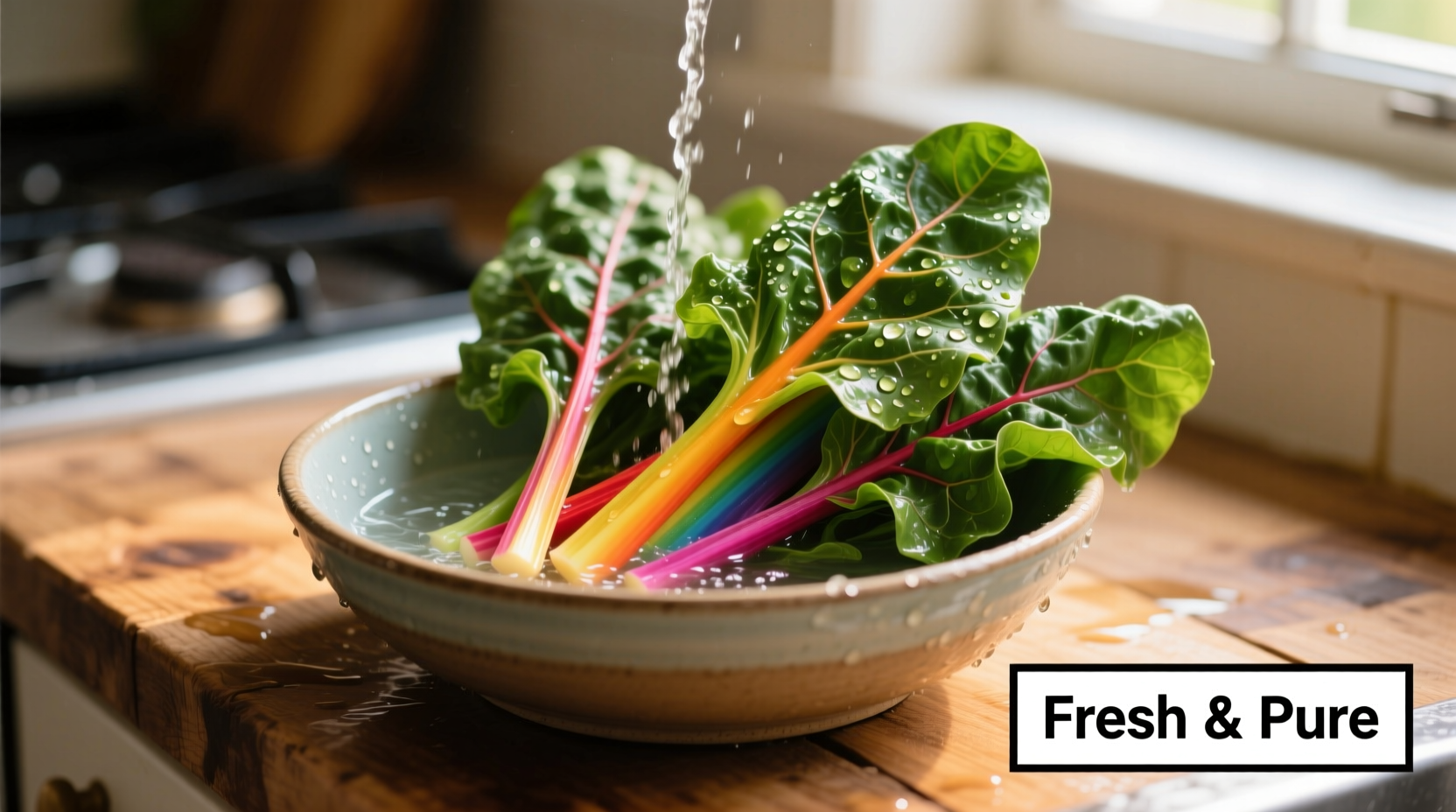 Fresh rainbow chard being washed in a bowl