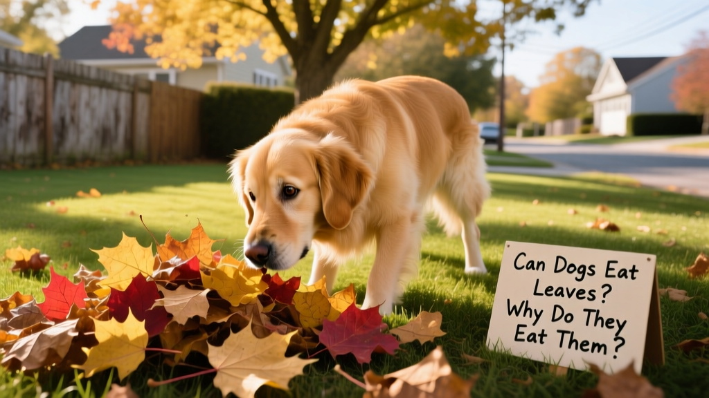 A curious dog sniffing fallen leaves in a sunlit backyard