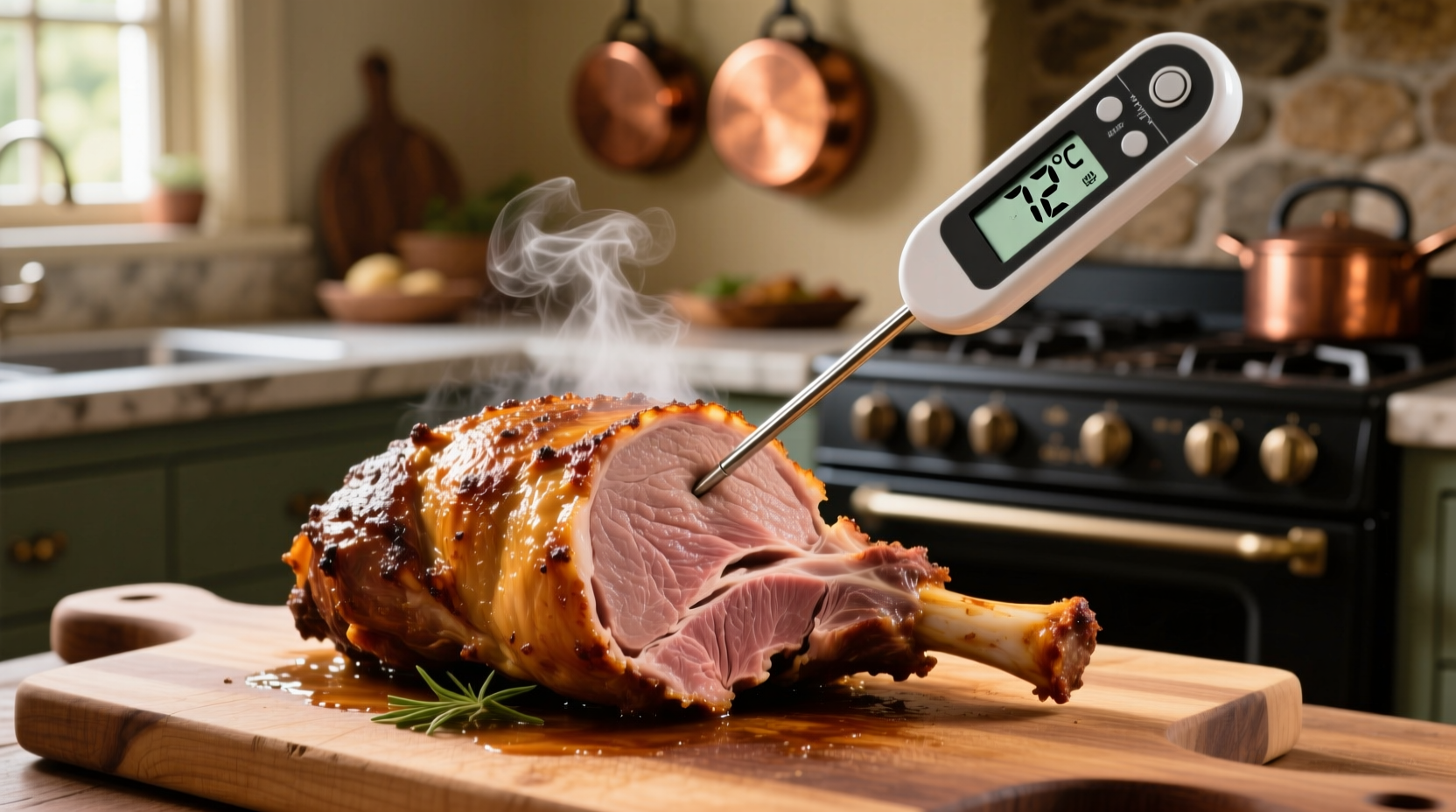 Digital thermometer measuring lamb roast temperature