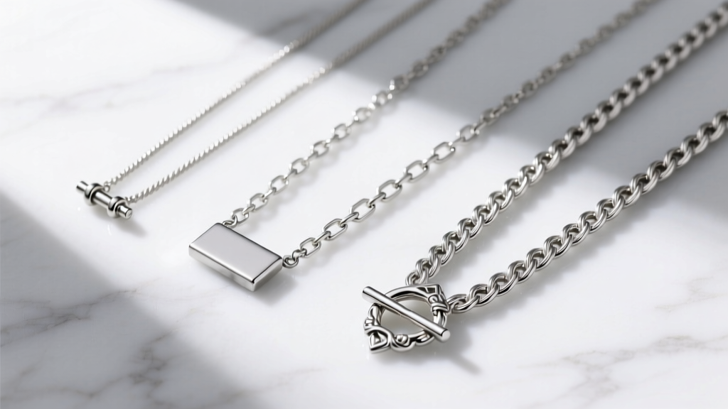 Flat lay of three silver toggle necklaces in varying lengths on white marble showing different chain weaves and clasp sizes