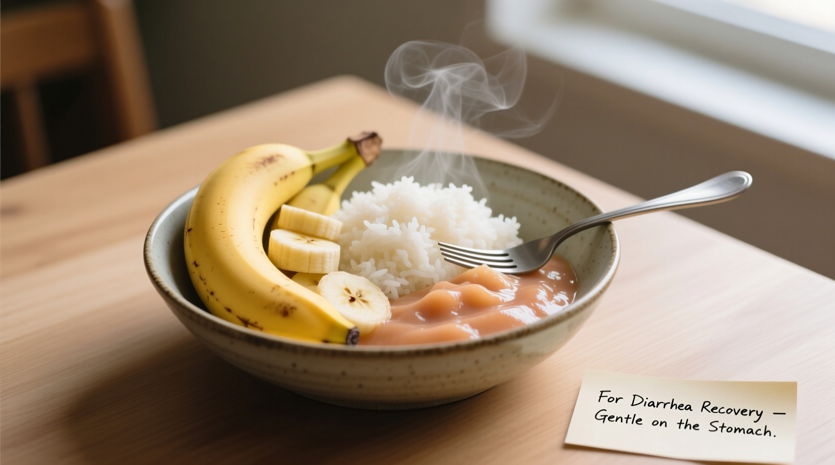 Bowl of bananas, rice, and applesauce for diarrhea recovery