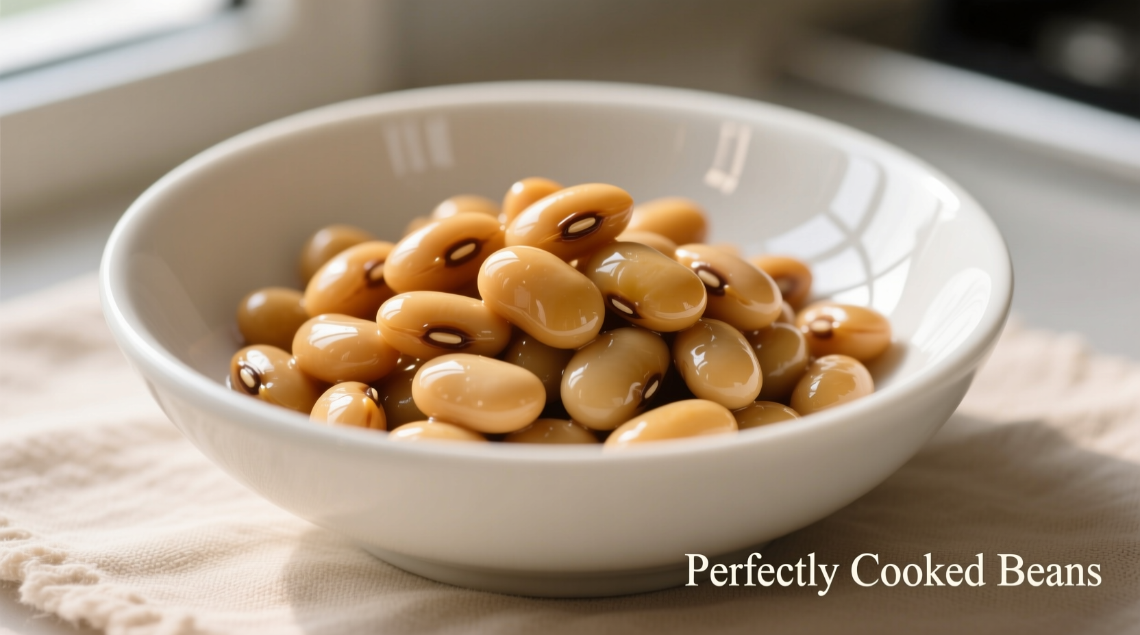 Perfectly cooked beans in a white ceramic bowl