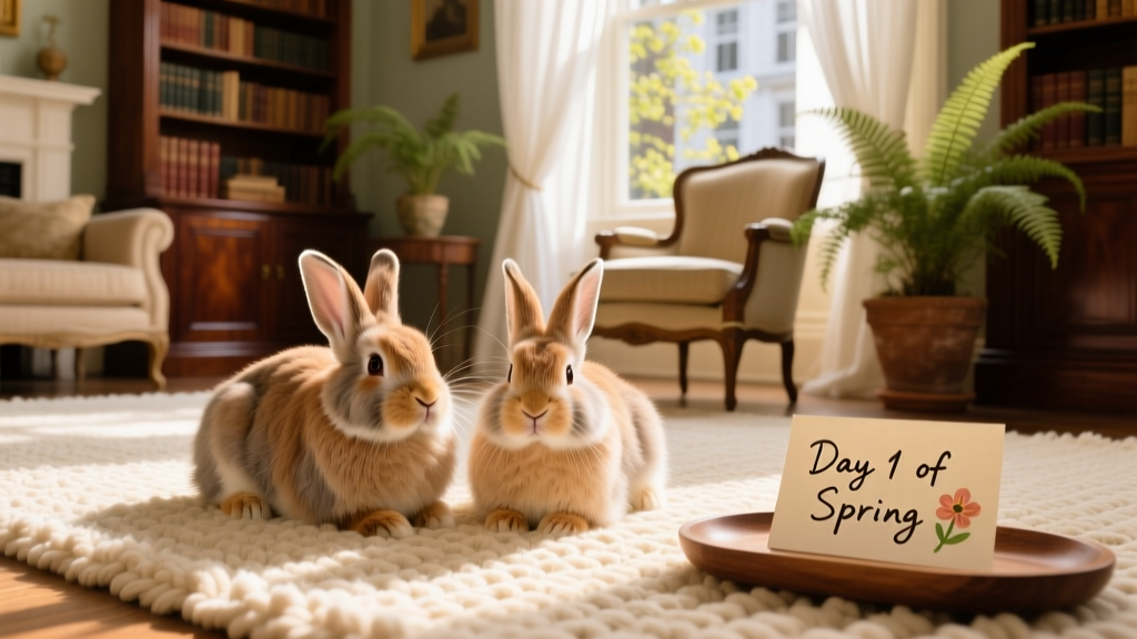 Two fluffy bunnies resting side by side on a cozy rug in a sunny London living room