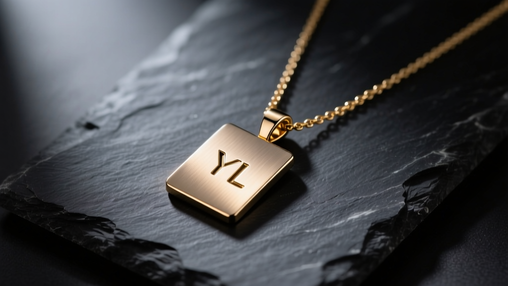 Minimalist YVL pendant necklace on dark slate, showing brushed steel texture and subtle gold PVD finish under soft studio lighting