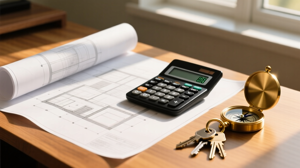 Sunlit architectural blueprints resting on a wooden desk beside a financial calculator, a brass compass, and house keys.