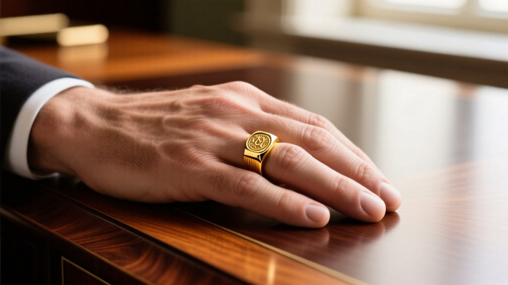 Close-up of a male hand resting on a mahogany desk, wearing an 18k yellow gold signet ring with a subtle brushed finish.