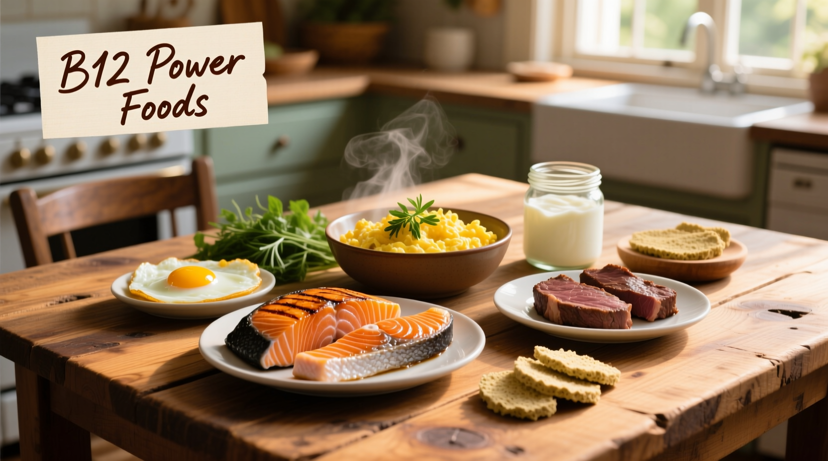 Vitamin B12 rich foods on wooden table