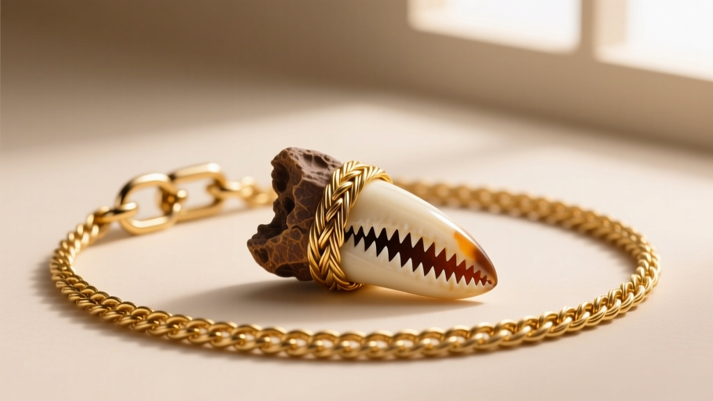 An 18-gauge 14k gold rope chain with a lobster clasp holding a detailed megalodon fossil tooth wrapped in custom gold wire.