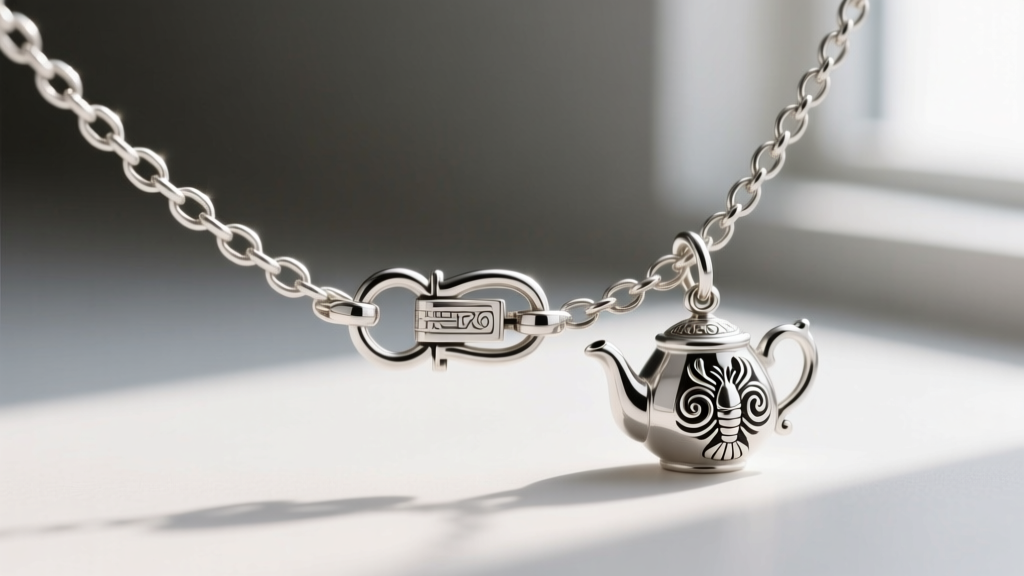 Extreme close-up of a 1.2mm sterling silver rolo chain and lobster clasp attached to a small, detailed teapot pendant bail.