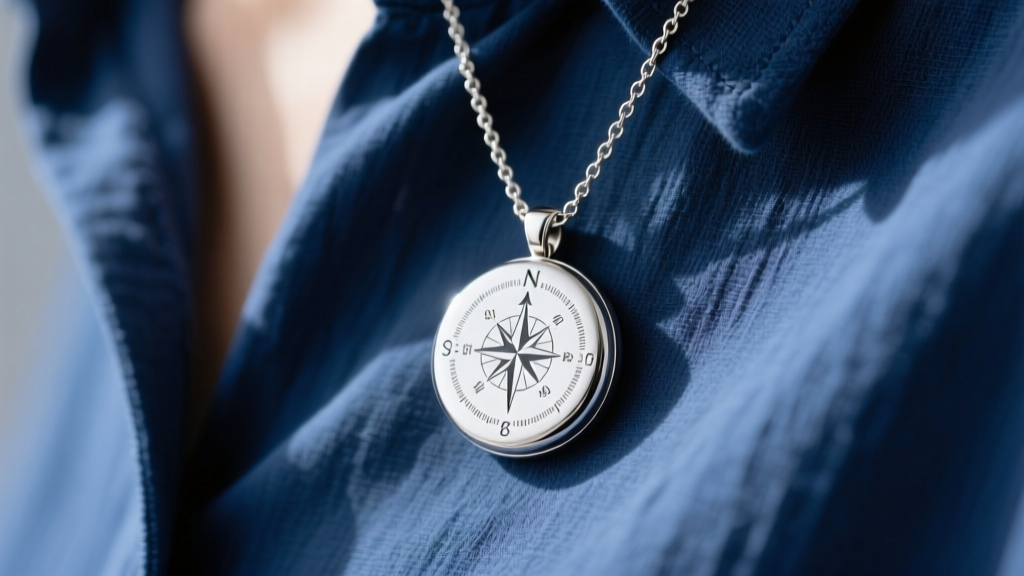 Close-up of a sterling silver locket necklace with laser-engraved coordinates, worn over a soft navy blue linen blouse in daylight