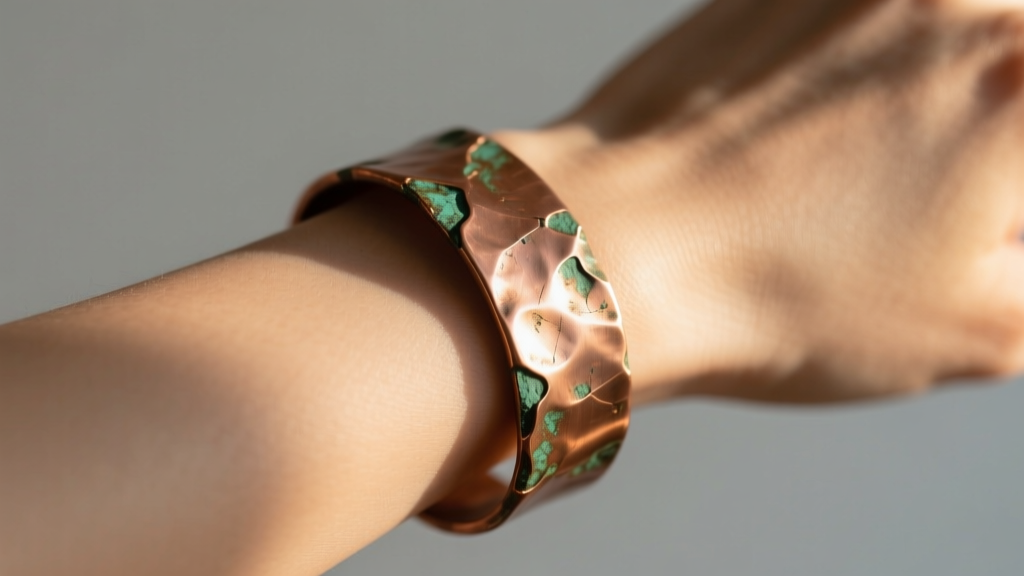 Close-up of a raw, unpolished copper cuff bracelet resting on a wrist with a faint greenish tint, illuminated by warm sunlight.