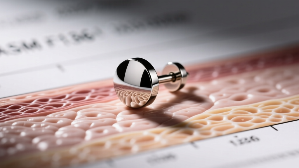 Macro shot of an ASTM F136 titanium flat back labret earring with mirror finish, resting on a dermatological skin texture chart
