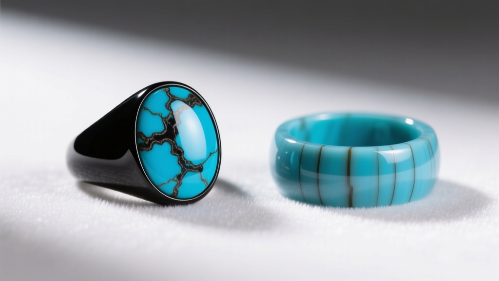 Side-by-side view of a genuine blackjack turquoise ring with dark matrix and a dyed howlite imitation ring on white velvet.