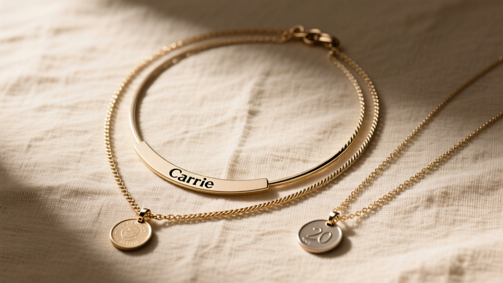 Top-down view of a 16-inch Carrie nameplate necklace layered with an 18-inch rope chain and a 20-inch coin pendant on beige linen