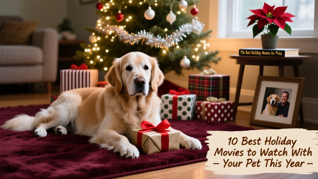A senior dog resting on a plush rug near a softly lit Christmas tree with wrapped gifts underneath