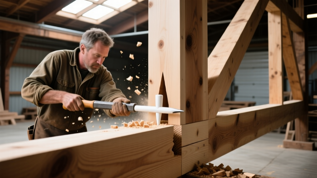 Craftsman driving a white oak peg through a freshly cut mortise and tenon joint in a heavy Douglas fir timber frame