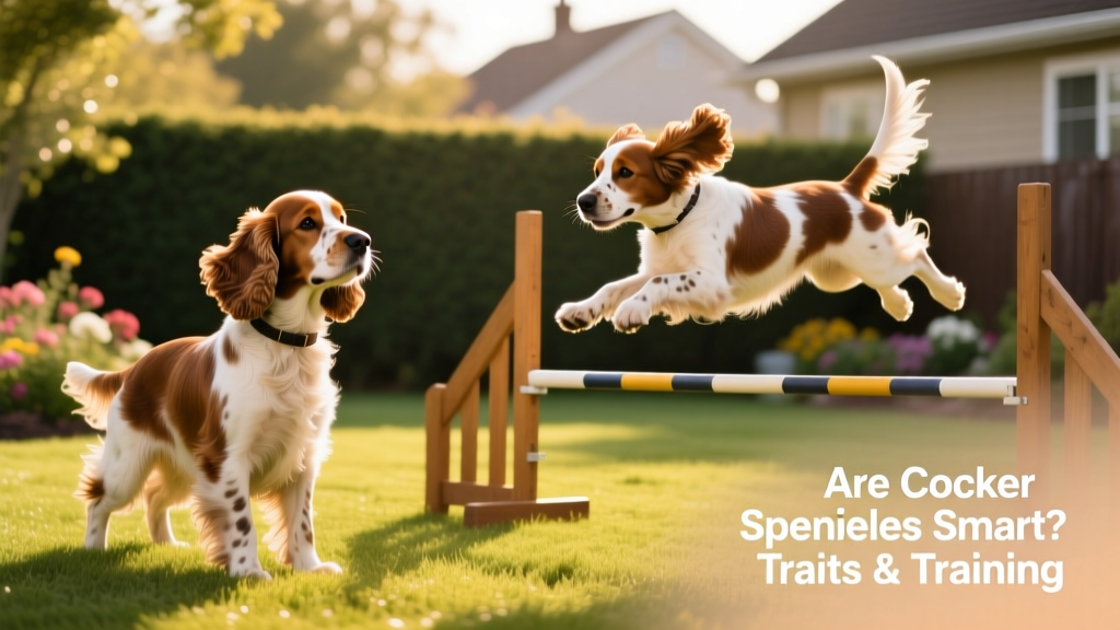 Two Cocker Spaniels—one in a conformation pose, one mid-agility jump—illustrating versatility across roles