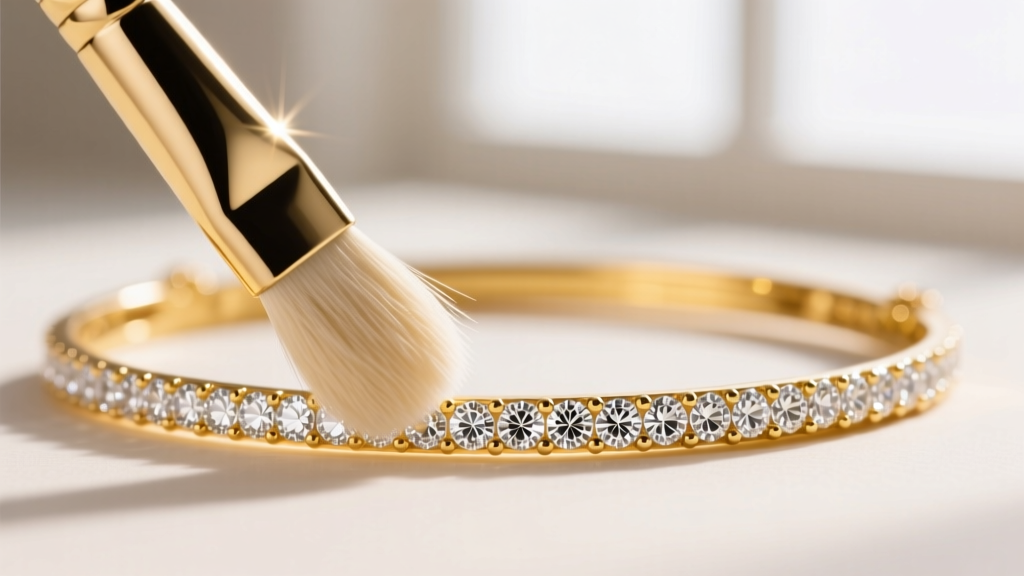 Macro photography of a soft bristle brush gently cleaning the pavé diamond track of a yellow gold Messika Move necklace.
