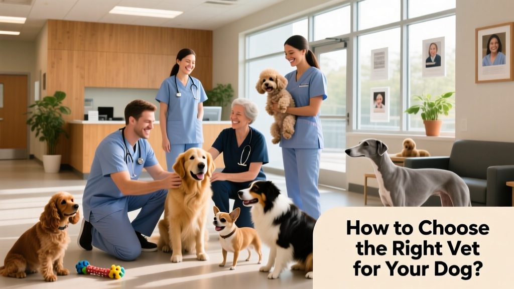 A diverse group of veterinary staff smiling warmly while interacting with dogs of different breeds in a bright, welcoming clinic lobby