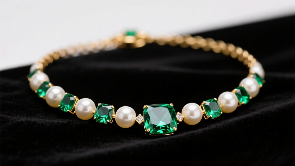 Close-up of a gold pearl and emerald necklace on dark velvet, showing vivid green and white contrast in soft studio lighting.