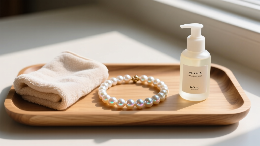 Flat lay of pearl care supplies including a microfiber cloth, mild soap, and a baroque pearl necklace on a light oak wooden tray