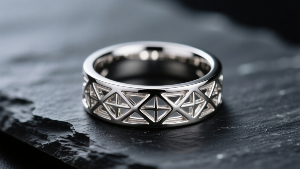 Macro photo of a silver-plated ring on dark slate, showing the bright reflective surface and intricate filigree details