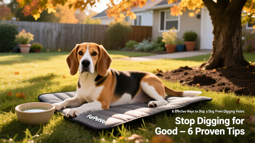 A relaxed beagle lying in a shaded, grassy area beside a bowl of water and a FurPetVo cooling mat