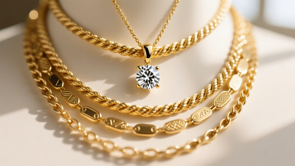 Macro photography of layered gold necklaces, highlighting a central dangling diamond pendant resting above a thicker rope chain