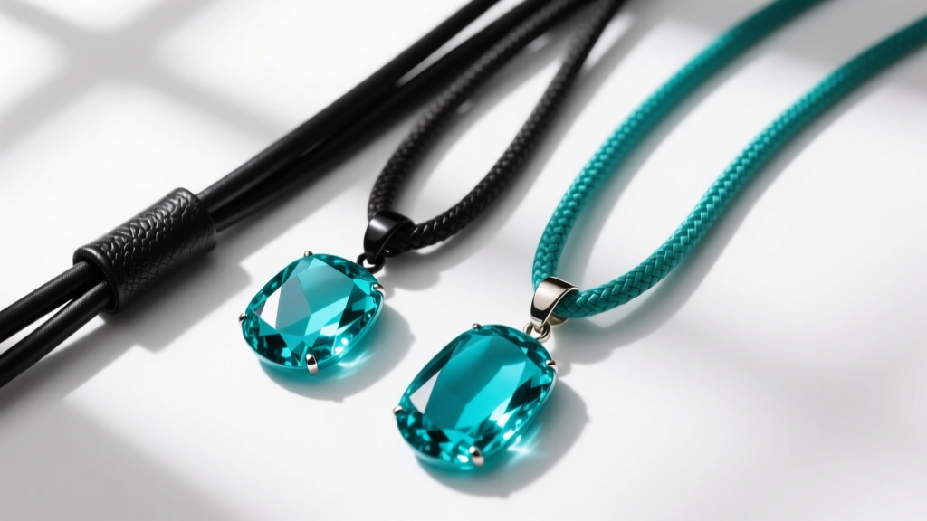 Black leather cord and teal nylon cord side-by-side, holding heavy polished turquoise pendants against a clean white backdrop.