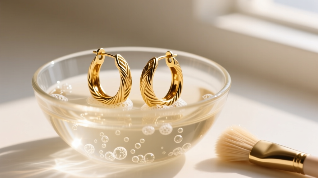 Textured vintage 14k gold hoop earrings soaking in a glass bowl of warm soapy water, with a soft-bristled brush resting nearby.