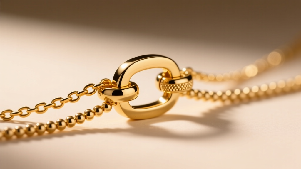 Macro shot of a 14k gold multi-strand spacer clasp securing three distinct necklace chains against soft, warm studio lighting.