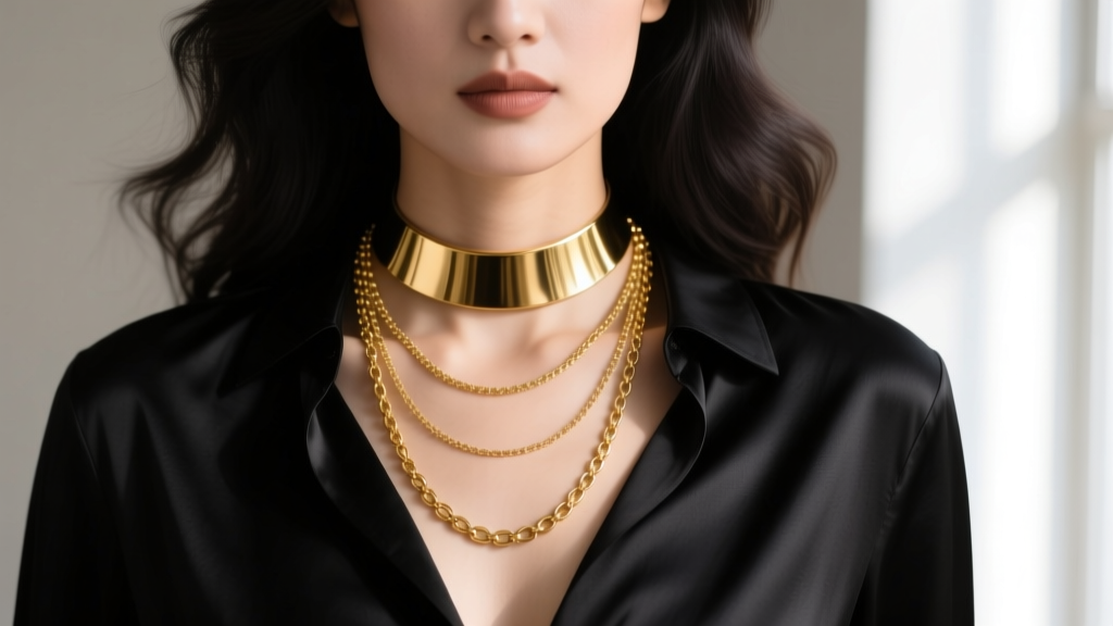 Close-up of a woman wearing layered gold necklaces, featuring a 14-inch choker and a 24-inch opera chain over a dark silk blouse