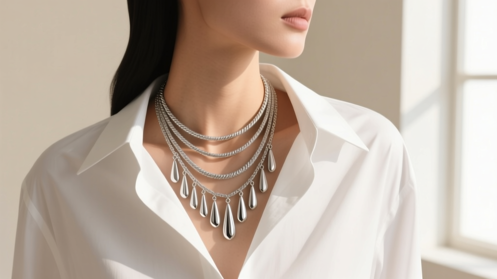 Fashion shot of a three tier silver necklace layered over a crisp white button-down shirt, capturing the cascading pendant effect