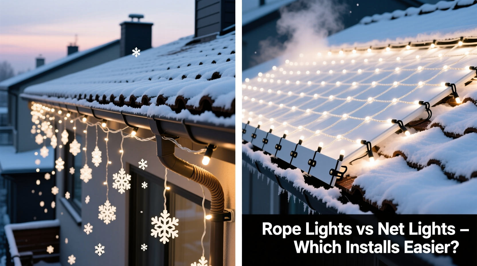 rope lights vs net lights for rooftop snow effect which installs easier
