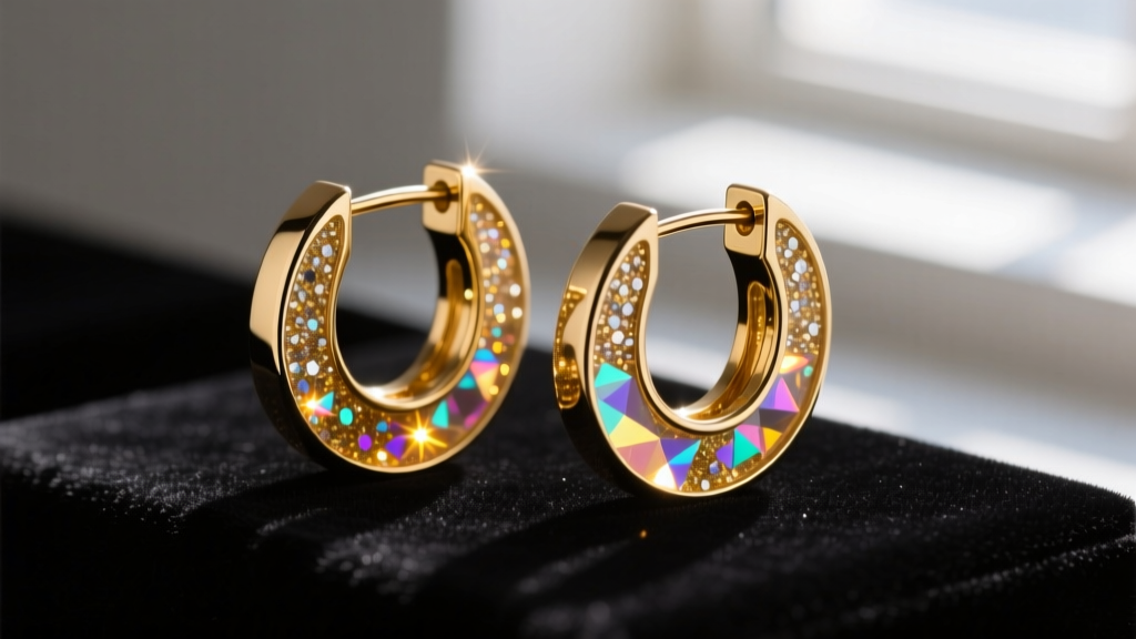 Macro photo of gold encapsulated glitter hoop earrings on dark velvet, highlighting inner resin sparkle and a secure metal hinge.