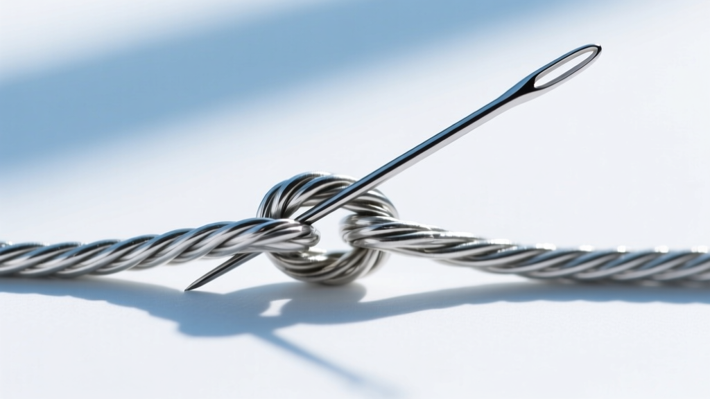 Macro shot of a fine sewing needle gently prying apart a tight knot in a delicate sterling silver cable chain on a white surface.