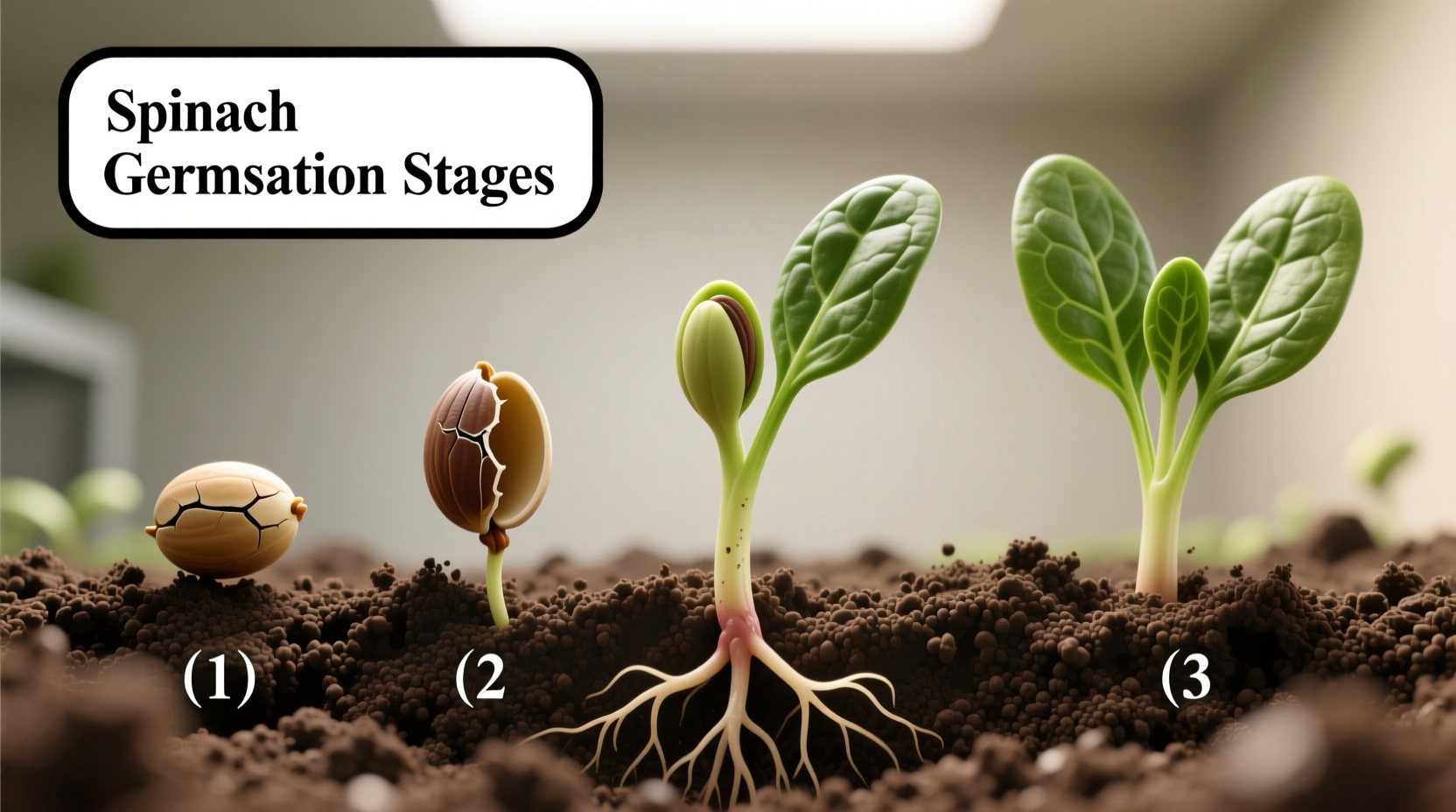 Spinach seed germination stages in soil