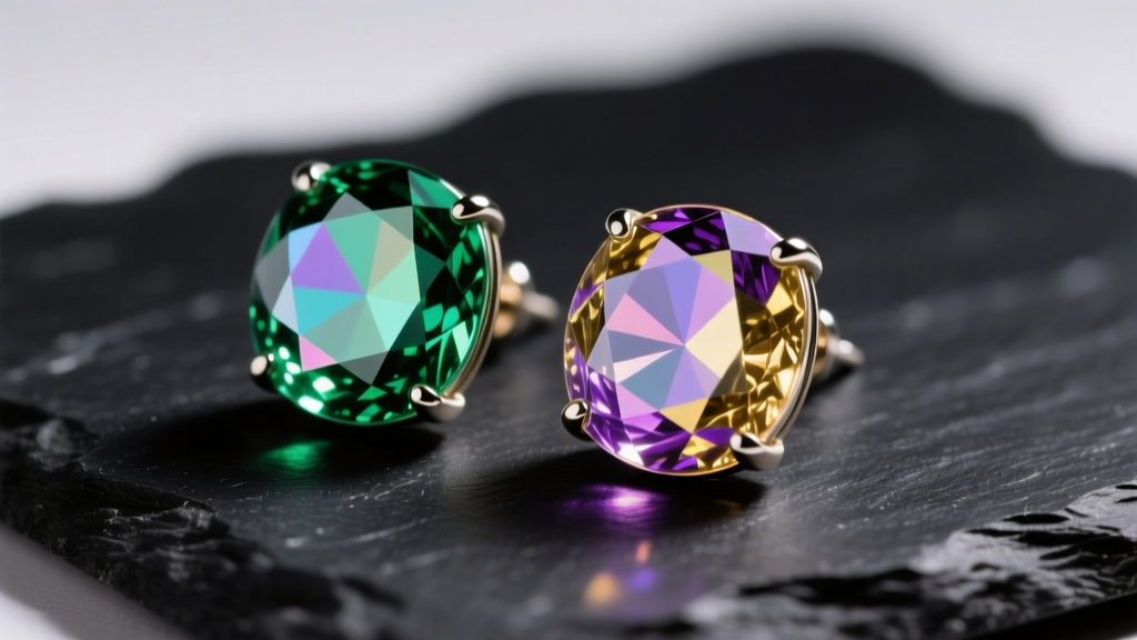 Macro shot of vibrant dichroic fused glass stud earrings on dark slate, lit by soft studio lighting to reveal iridescent colors.