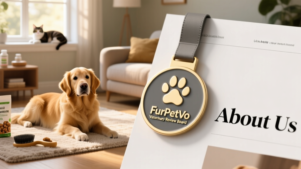 Close-up of the FurPetVo Veterinary Review Board badge displayed beside a clean, modern article headline