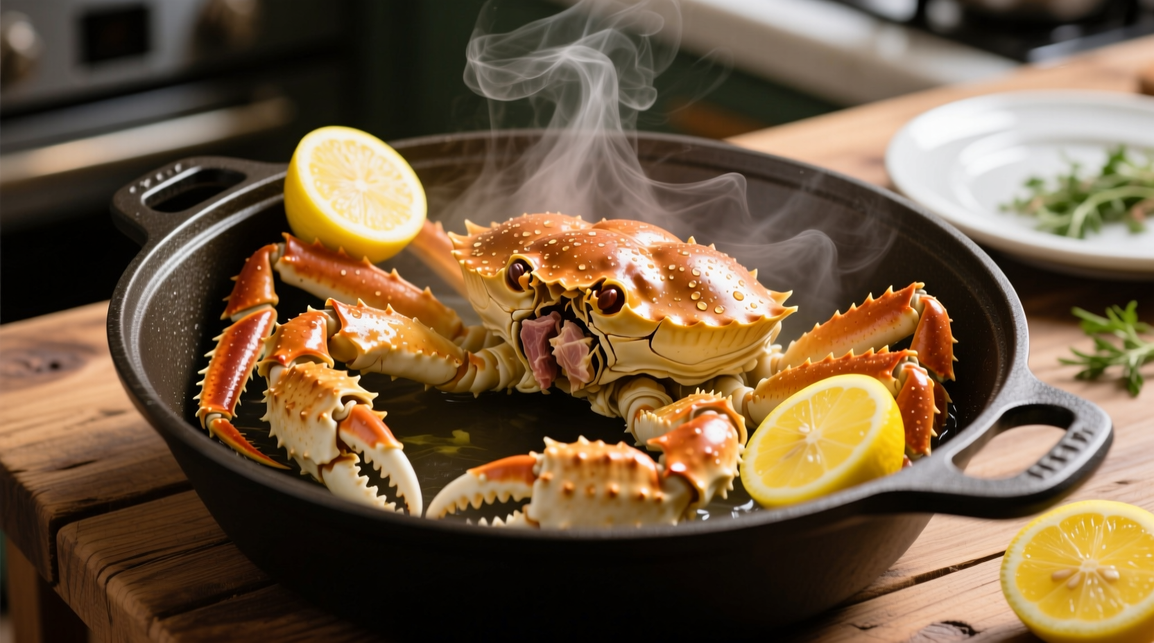 Steaming king crab legs in a pot with lemon slices