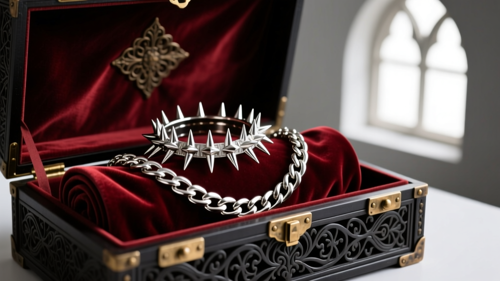 Silver spike choker and thick curb chains organized on custom padded velvet rolls inside a dark, ornate gothic storage case