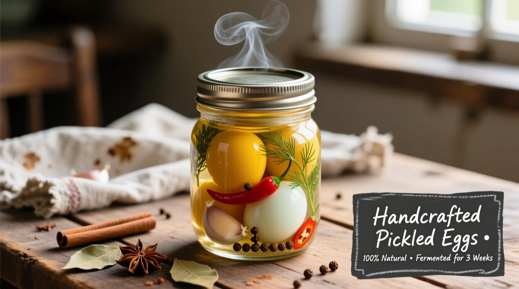 Homemade pickled eggs in mason jar with spices