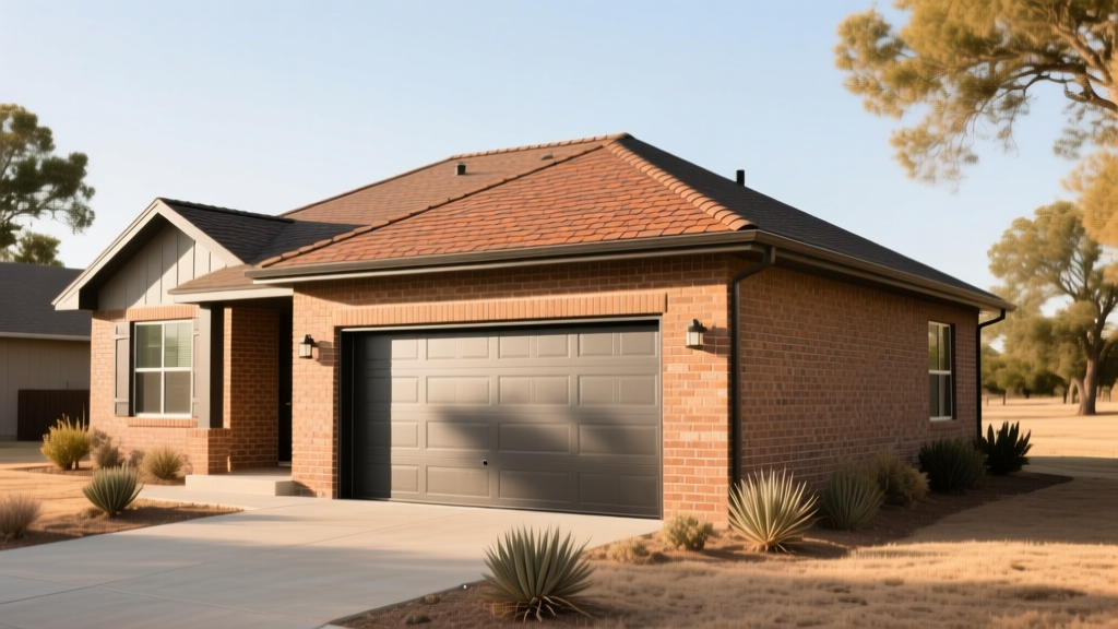 New single-story brick home in Oklahoma with a reinforced garage storm shelter door and Class 4 impact-resistant asphalt shingle roof