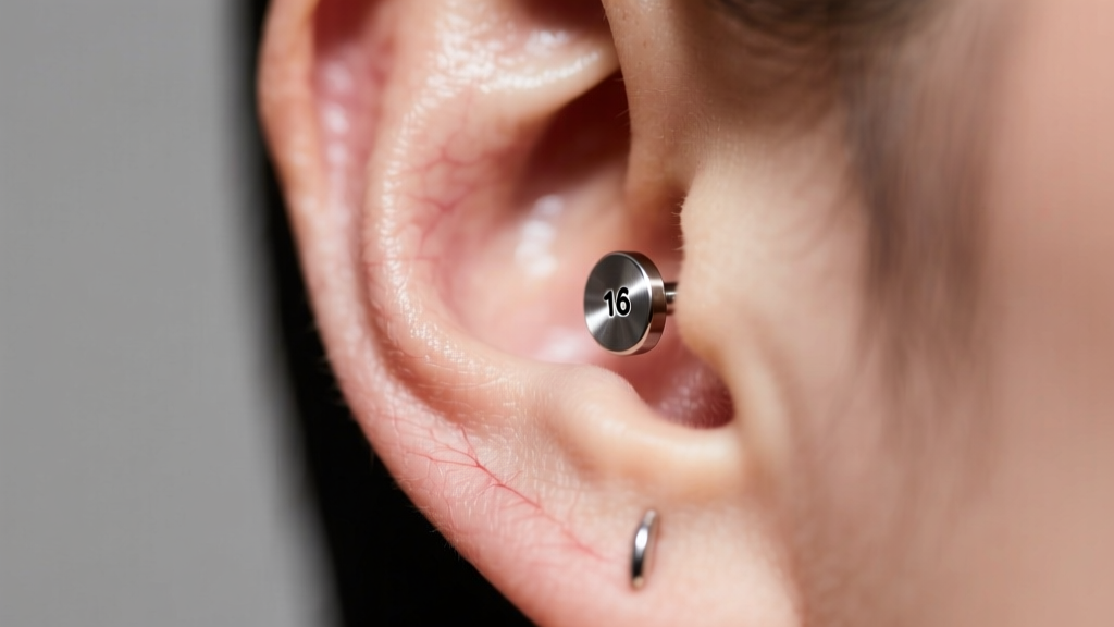 Close-up of a fresh earlobe piercing with a 16-gauge titanium flat back labret stud, healthy tissue under soft studio lighting.