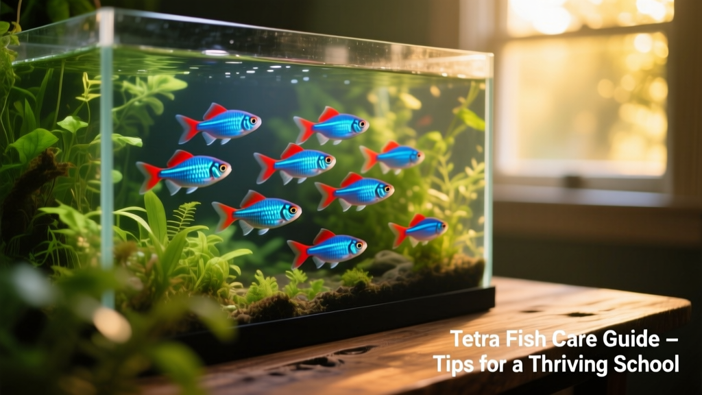 A vibrant school of neon tetras swimming together in a well-planted freshwater aquarium