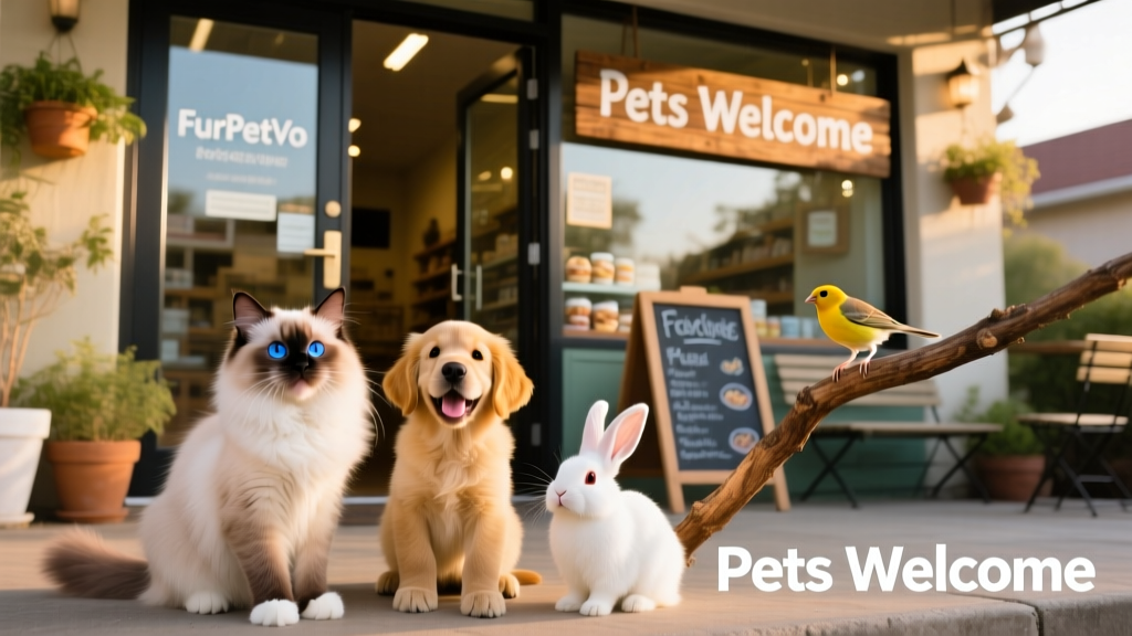 A cheerful mix of pets—including a dog, a rabbit, and a small bird—at a FurPetVo store entrance, with 'Pets Welcome' signage visible