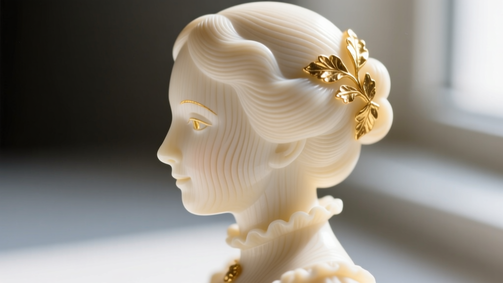 Close-up of a painted ivory Victorian silhouette miniature showing faint Schreger lines and delicate gold leaf hair detailing